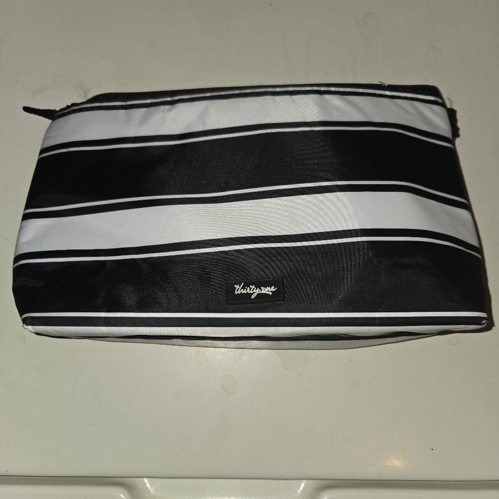 Thirty-One Black & White Striped Travel Pouch Thermal Bag Lunch Bag